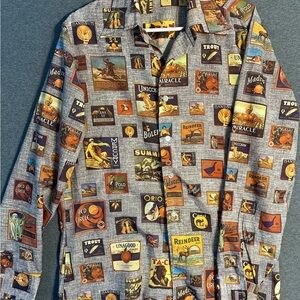 Miracle Graphic Print Shirt with Brown and Orange Accents L *Missing button*